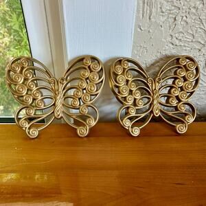 Set of 2 Vintage Burlwood MCM Butterfly Wall Hangings – Retro Swirl Design